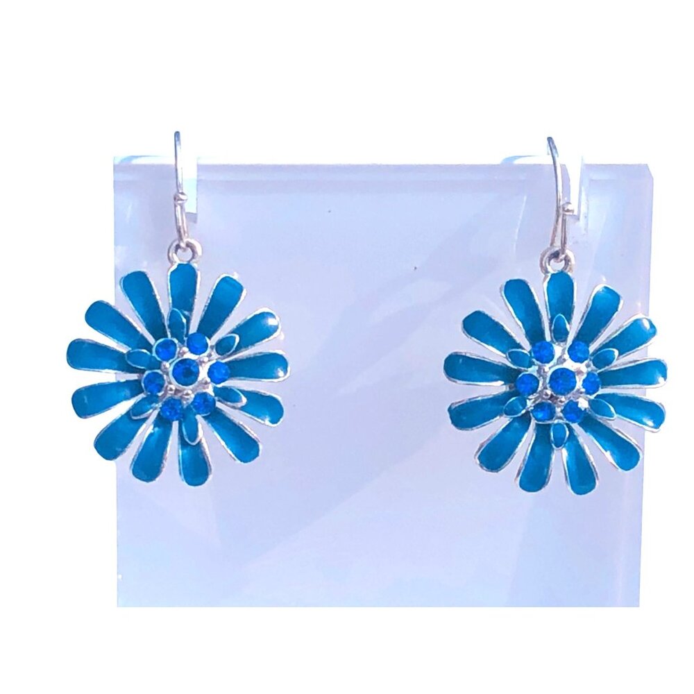 Blue Enamel Daisy Flower Power Drop Earrings with Blue Rhinestones & 925 Finding